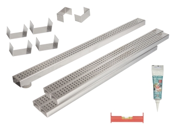 5er Rinnenset (Poolrinnen) V4A superflach mit 1 Rinne mit Stutzen,4 Rinnen geschlossen,2 Endstücke,4 Verbinder,1 Dichtmittel,1 Schnurwasserw.